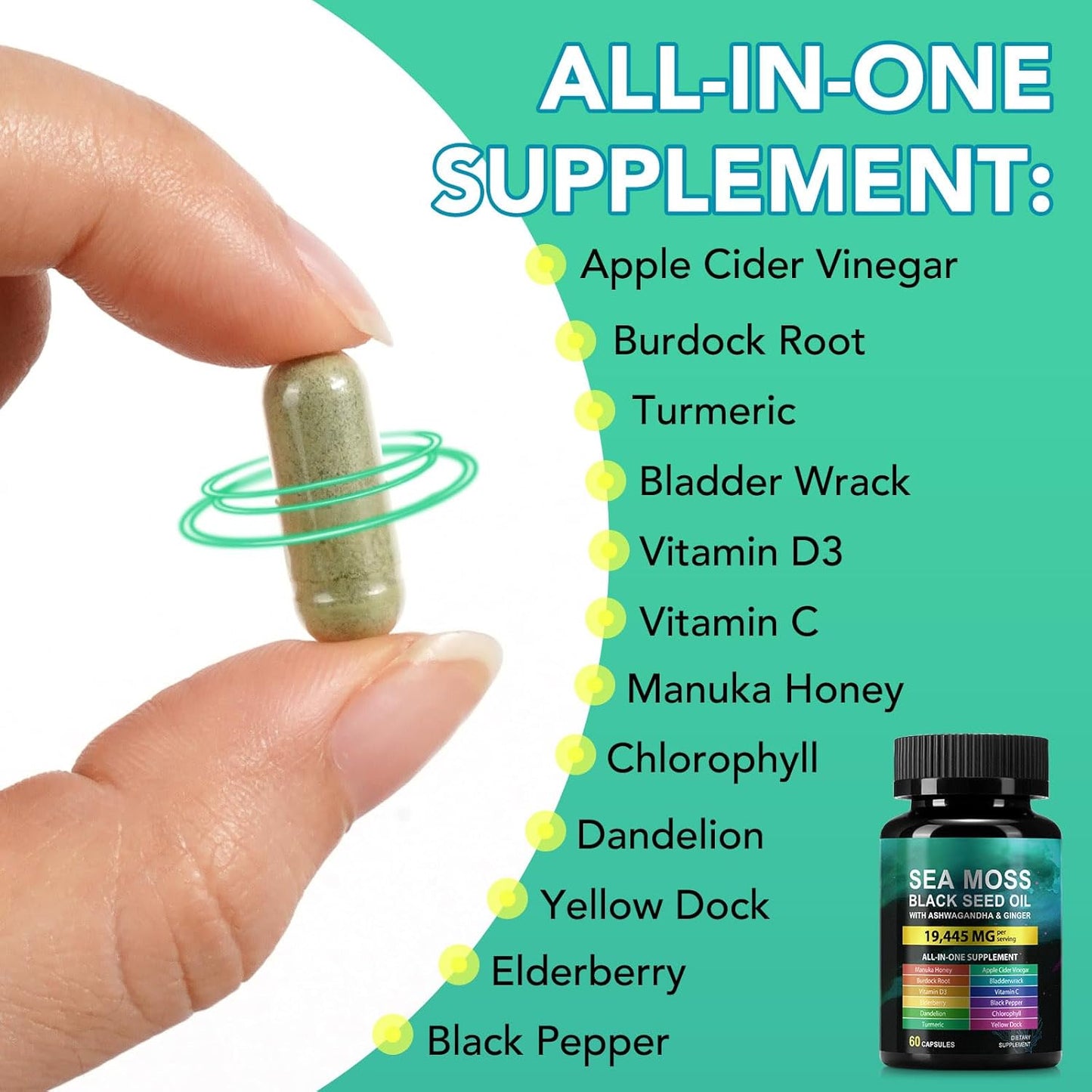Sea Moss Black Seed Oil Ashwagandha Ginger Supplement - 60 Capsules - görsel 3