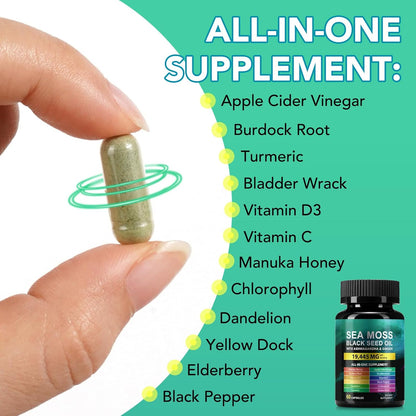 Sea Moss Black Seed Oil Ashwagandha Ginger Supplement - 60 Capsules