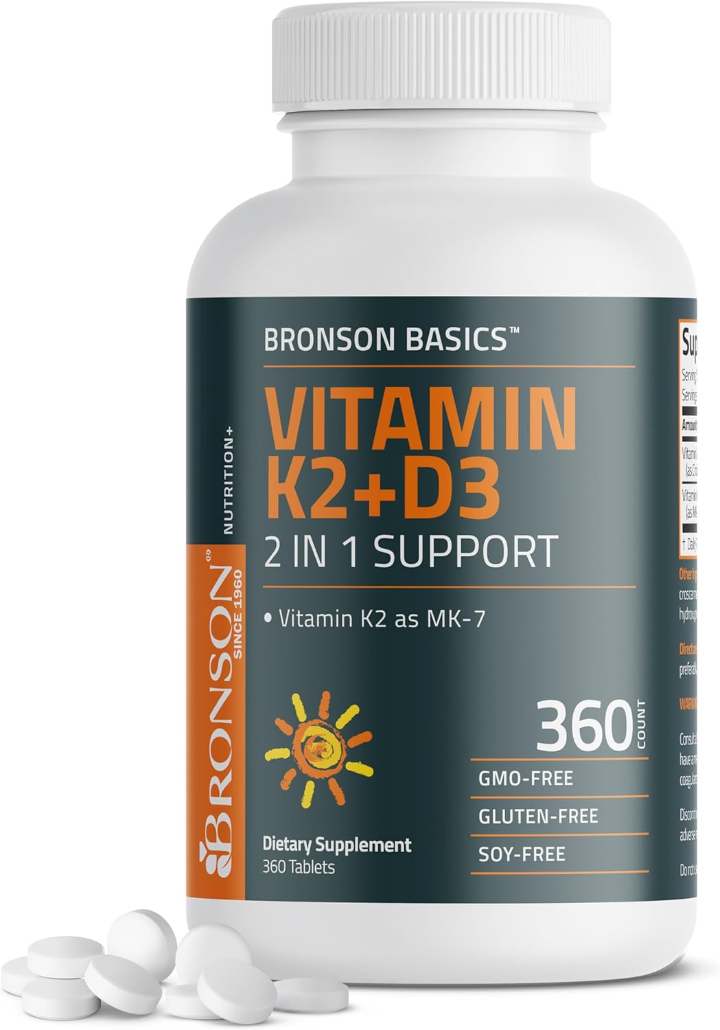Bronson Vitamin K2 D3 (MK-7) Supplement - 5000 IU D3 & 90 mcg K2 - 360 Tablets - görsel 1