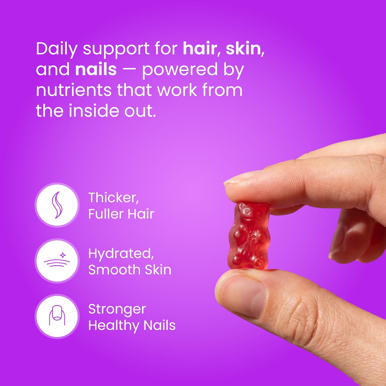 NutraChamps Biotin Gummies 5000mcg – Hair, Skin and Nails Supplement with Collagen, Keratin, Vitamin C, D3, Zinc – Berry Flavour - görsel 3