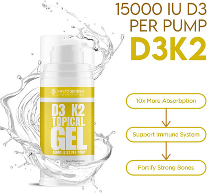 Phytogenesis Vitamin D3 K2 High Strength Topical Gel - 15000+ IU D3 & 210 mcg K2 per Pump - Immune, Bone & Joint Support - One Month Supply