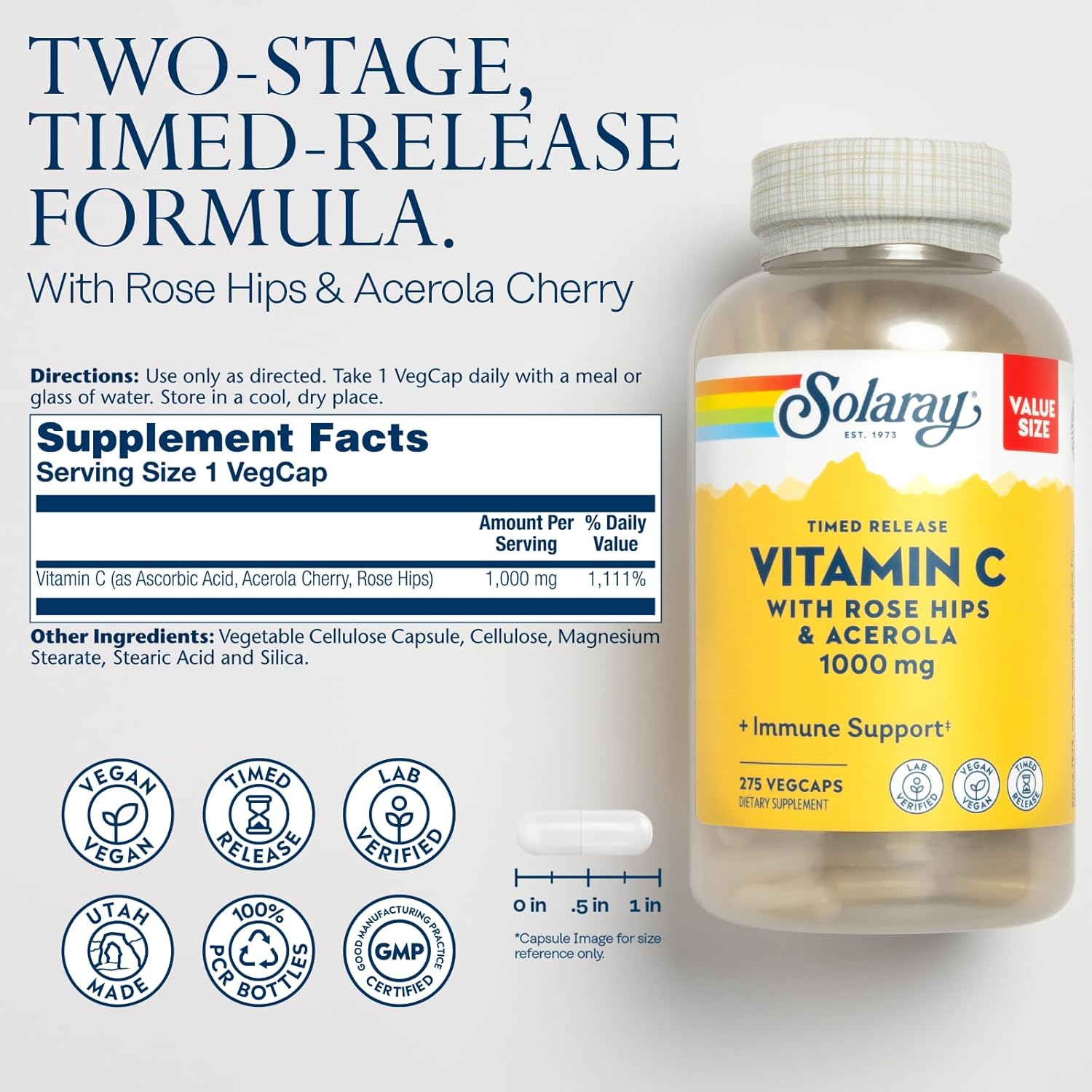 SOLARAY Vitamin C 1000mg - Time Release Vitamin C Capsules with Rose Hips and Acerola - Vegan, 275 VegCaps - görsel 2