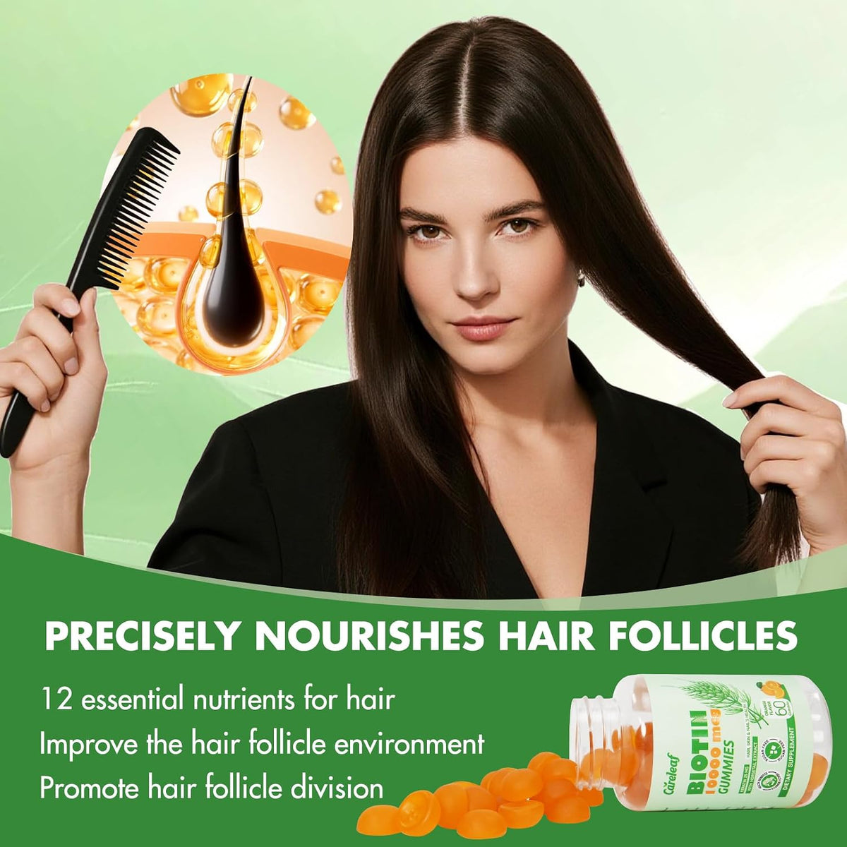 Careleaf Biotin 10000mcg Gummies for Hair, Skin and Nails, with Collagen & Keratin, 60 Count (Orange Flavour) - görsel 3