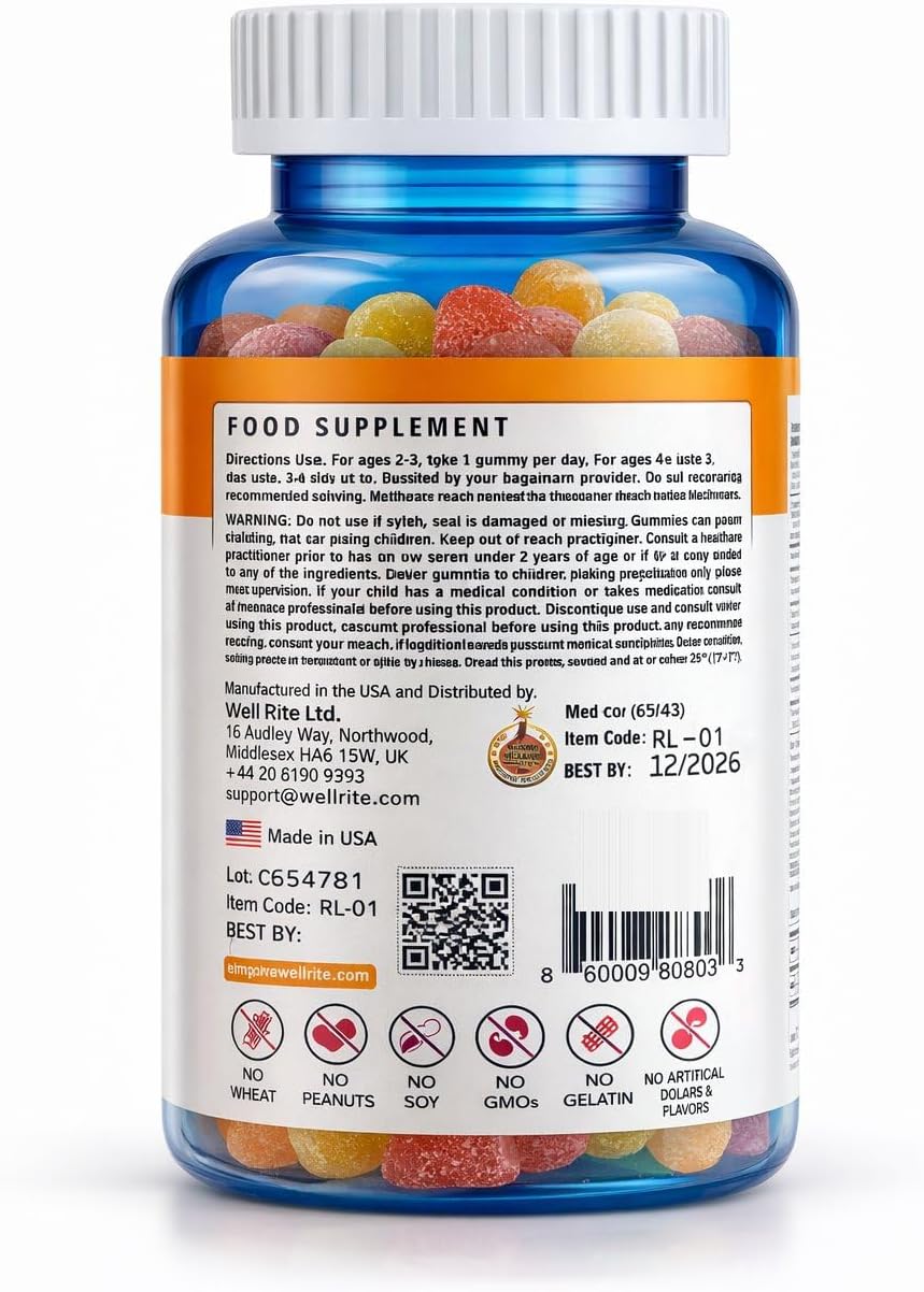 Kids Multivitamin Gummies – Wellrite Vitamin & Mineral for Growth & Immunity, Vegan, Gelatin Free, Gluten-free, Nut Free, 60 Count, Strawberry & Lemon Flavour - görsel 2