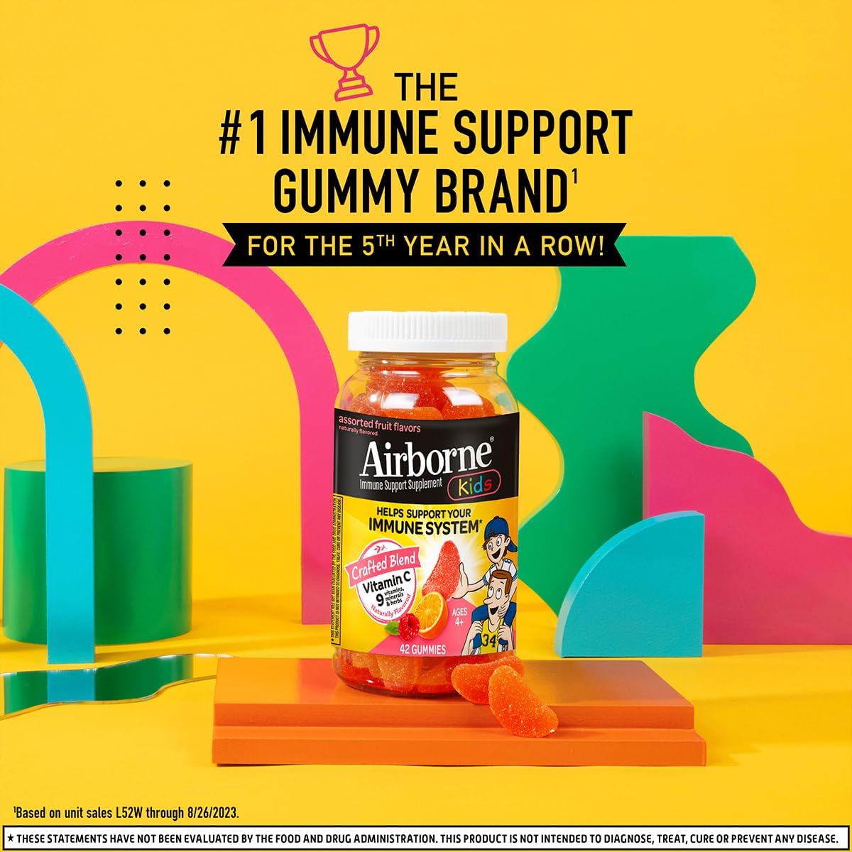 Airborne 500mg Vitamin C + Zinc Immune Support Gummies for Kids, Assorted Fruit Flavours, Gluten-free, 42 Gummies (6 Pack) - görsel 8