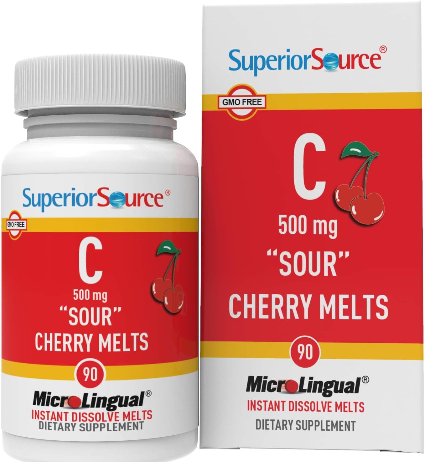 Superior Source Vitamin C 500 mg Sour Cherry Melts – Daily Vitamin Supplement for Immune Health – Contributes to Normal Collagen Formation – 90 Sublingual Dissolving Tablets - görsel 1