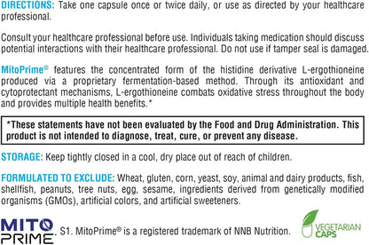 XYMOGEN MitoPrime - L-Ergothioneine Food Supplement - Mitochondrial and Cellular Antioxidant Support - Gluten-Free, Vegan & Non-GMO - 30 Capsules