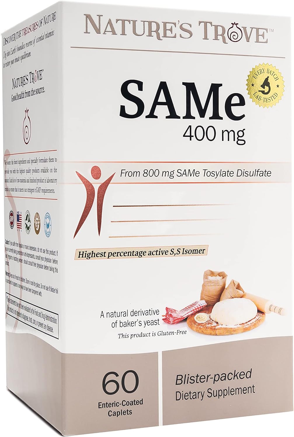 Nature's Trove SAM-e 400mg 60 Enteric Coated Caplets - Vegan, Kosher, Non-GMO, Soya-free, Gluten-free - görsel 1