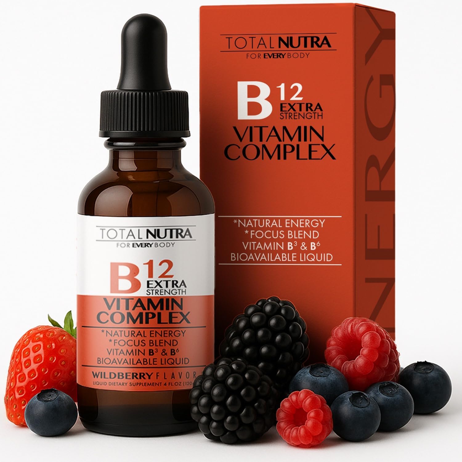 Total Nutra Extra Strength Liquid B12 Vitamin Drops – Vegan, Non-GMO, with B6, B3, Green Tea, Carnitine & Ginkgo Biloba - görsel 1