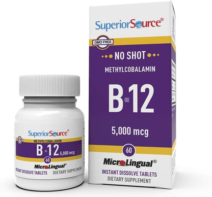 Superior Source No Shot Methylcobalamin B12 5000 mcg Sublingual Tablets, 60 Count