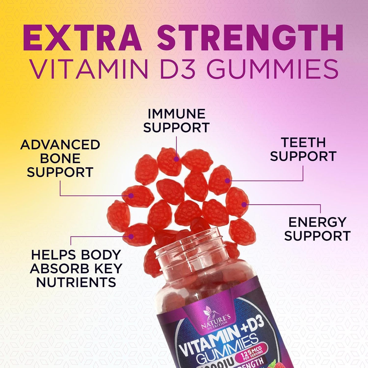 Nature's Nutrition Vitamin D3 Gummies - 5000 IU, 120 Count - Bone and Immune Support - görsel 5