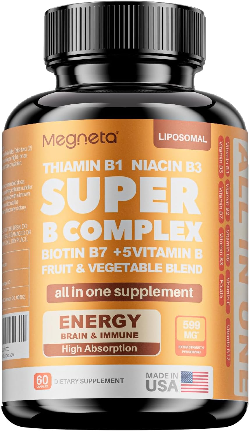MEGNETA Vitamin B Complex - Fruit and Vegetable Blend B-Complex with B1, B2, B3, B5, B6, B7, B12, Vitamin E, Folate - 60 Capsules - görsel 1