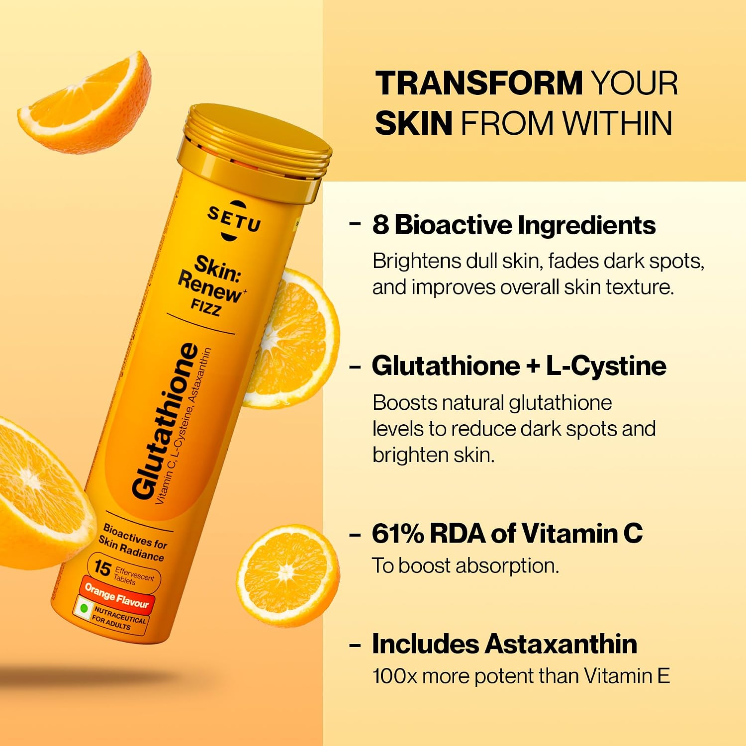 SETU Skin Renew Glutathione with Vitamin C Effervescent Tablets, Sugar-Free Orange, 30 Effervescent Tablets - görsel 2