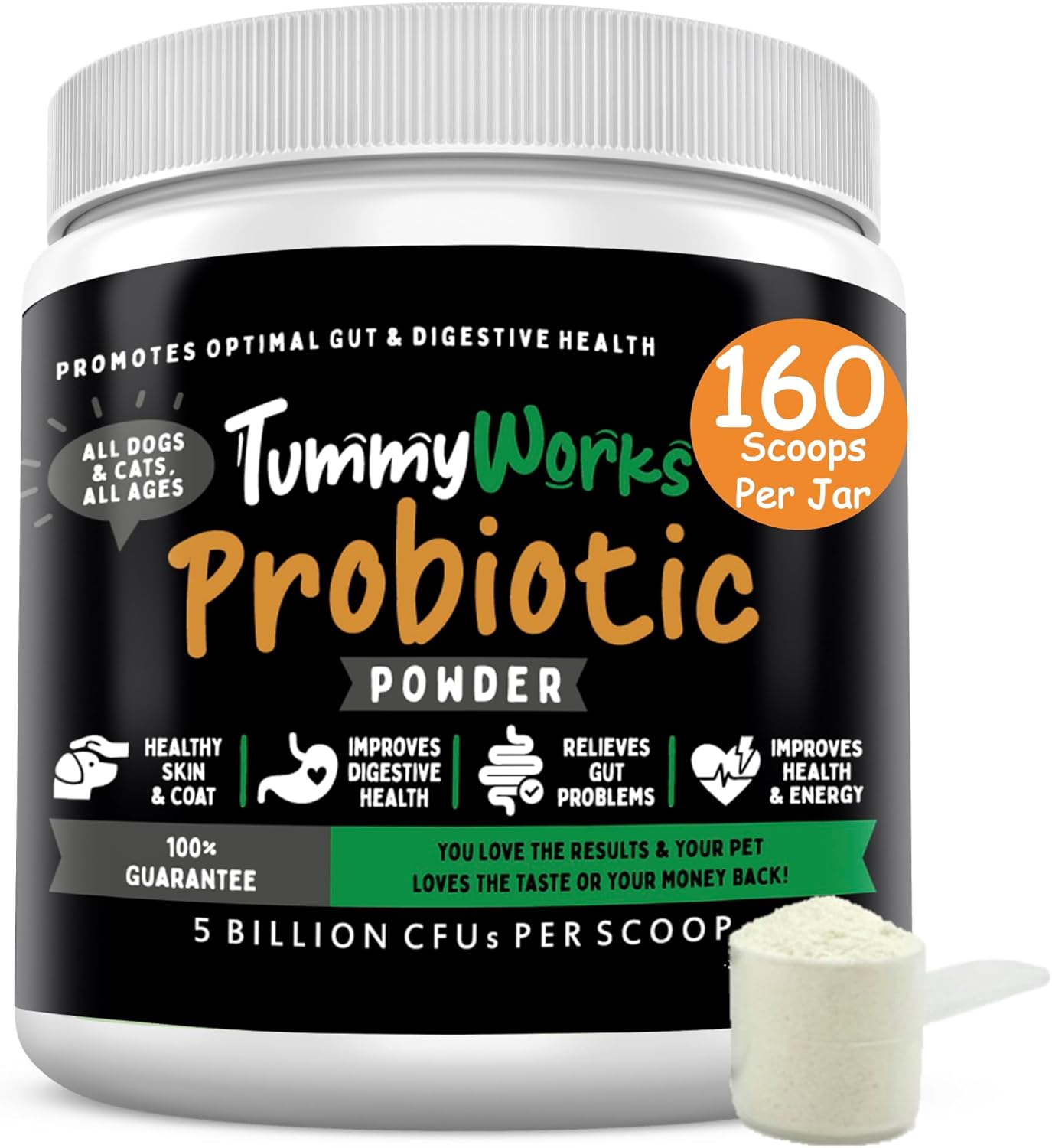 TummyWorks Probiotics for Dogs and Cats. 160 Scoops Probiotic Powder for Digestive Health, Gut, Immunity, Energy, Skin & Coat. 10 Strains, 5 Billion CFUs with 6 Enzymes & Prebiotics. Made in USA. - görsel 1