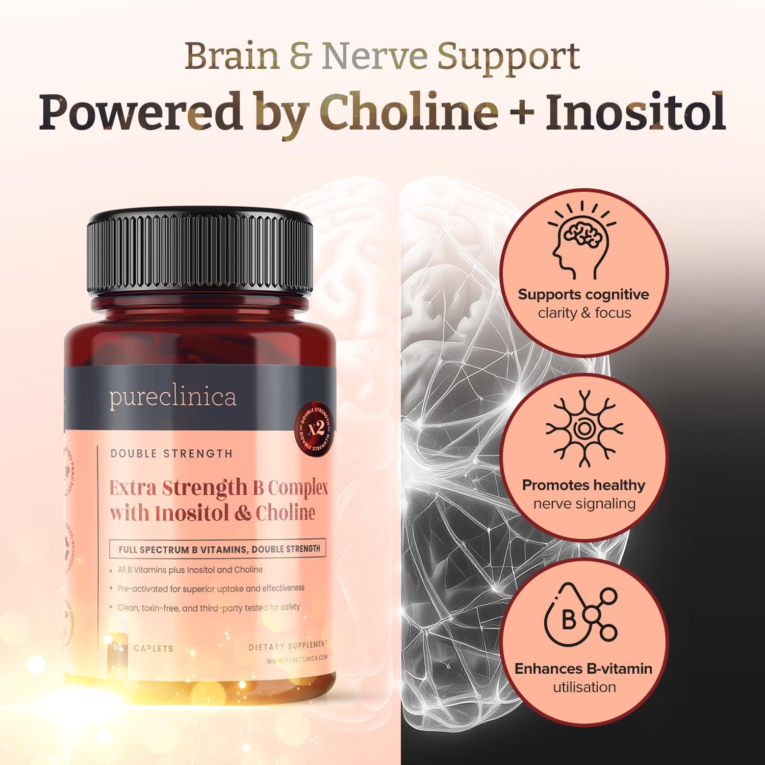 pureclinica Extra Strength B Complex with Inositol & Choline – High-Potency B Vitamins for Energy, Brain & Nerve Support – 90 Caplets (3 Months Supply) - görsel 4