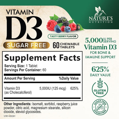 Nature's Nutrition Vitamin D3 5000 IU (125 µg) Chewable Tablets – Extra Strength for Immune Support & Bone Health – Sugar Free, Gluten-free – 60 Count