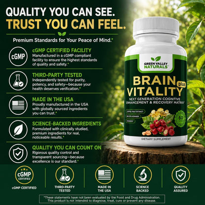GREEN VALLEY NATURALS Brain Vitality Plus – Brain Health & Cognitive Support with Cognizin Citicoline, Bacopa Monnieri & DHA Omega-3 (60 Soft gel capsules)