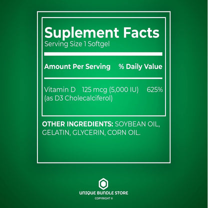 Vitamin D3 5000 IU (125 µg) – 100 Softgels, Pack of 2