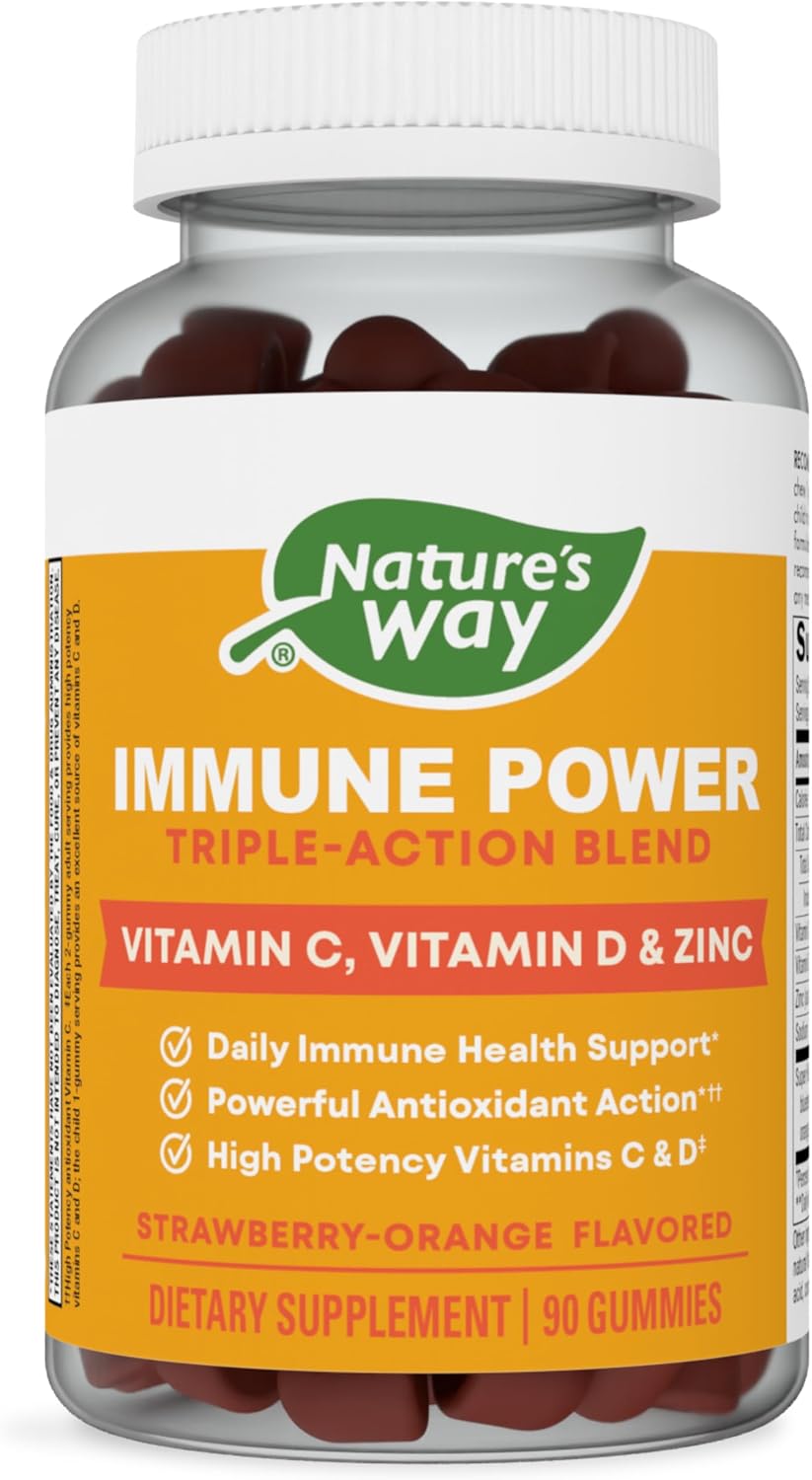 Nature's Way Immune Power, Triple Action Immune Support Blend, Vitamins C & D, Zinc, Strawberry-Orange Gummies - 90 Count - görsel 1