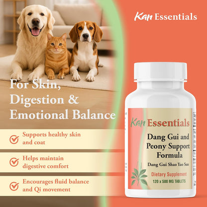 Kan Herb Essentials Dang Gui and Peony Support – Herbal Blend for Dogs and Cats, 120 Tablets