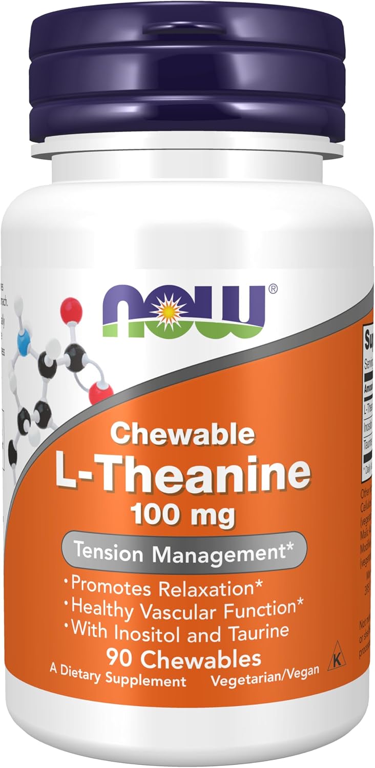 NOW Supplements, L-Theanine 100 mg with Inositol and Taurine, Calm Support*, 90 Chewables - görsel 1