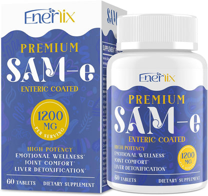 1200 mg SAM-e Supplement for Brain, Mood, Joint and Liver Support | High Absorption with CoQ10 & 5-HTP | Enteric Coated | 120 Tablets | Vegan