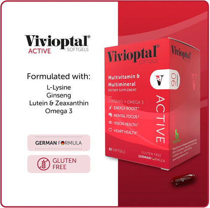 Vivioptal Active Multivitamin with Ginseng & Omega-3, 90 Softgels (1 Year's Supply), Gluten-free, German Formula