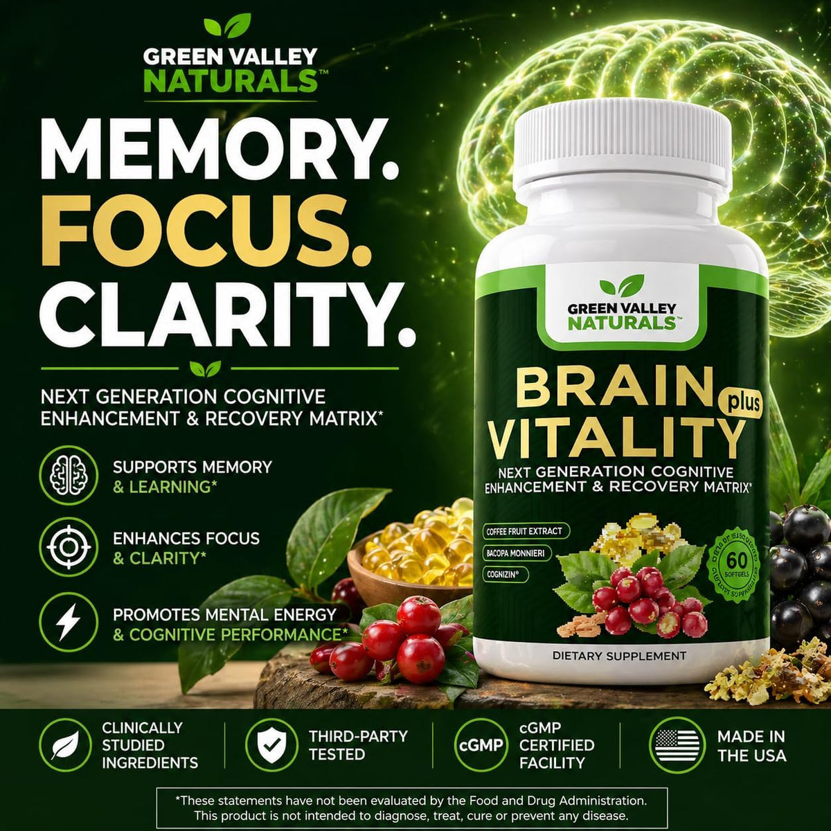 GREEN VALLEY NATURALS Brain Vitality Plus – Brain Health & Cognitive Support with Cognizin Citicoline, Bacopa Monnieri & DHA Omega-3 (60 Soft gel capsules) - görsel 2