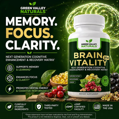 GREEN VALLEY NATURALS Brain Vitality Plus – Brain Health & Cognitive Support with Cognizin Citicoline, Bacopa Monnieri & DHA Omega-3 (60 Soft gel capsules)