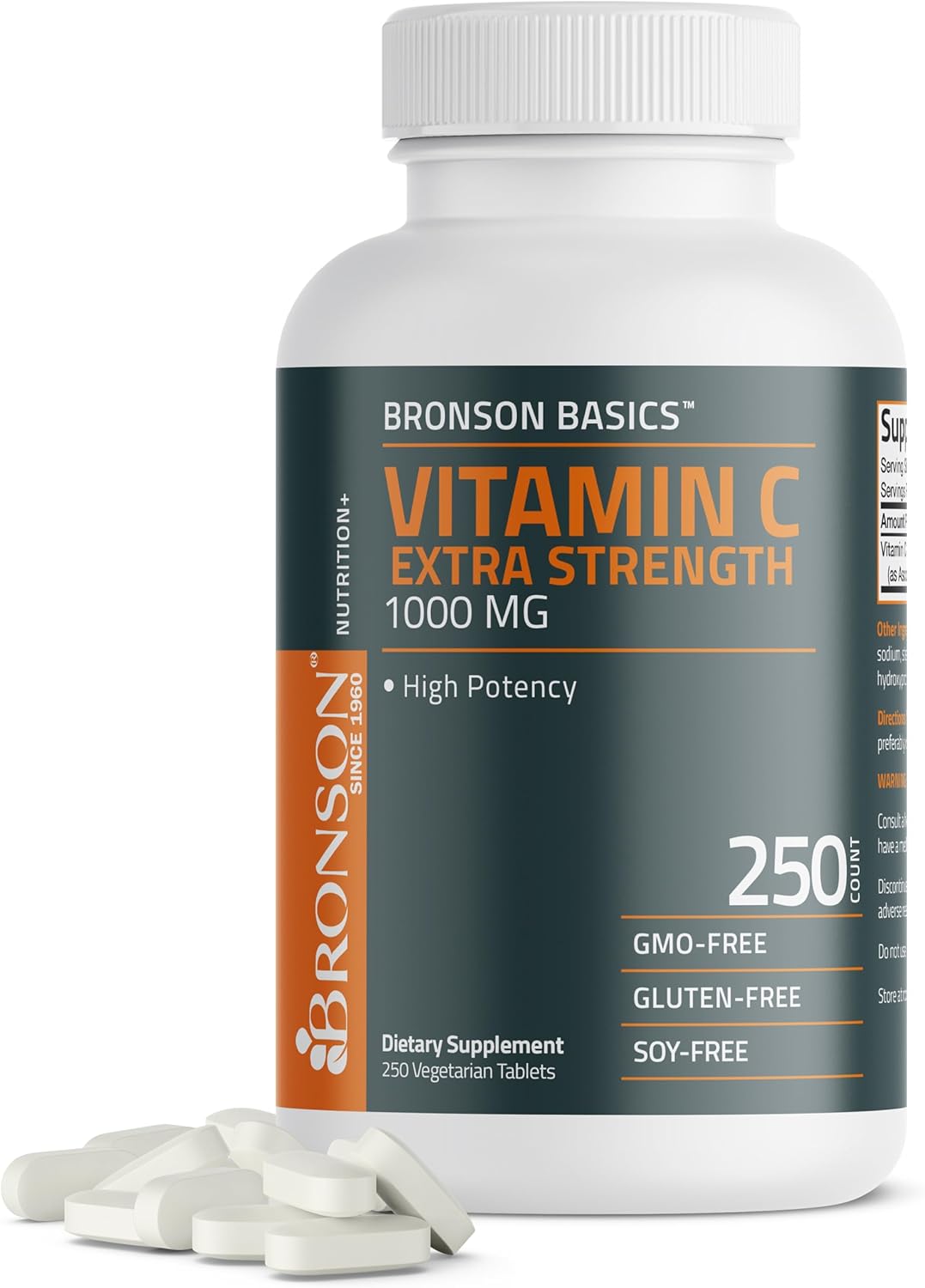 Bronson Vitamin C 1000mg Extra Strength, Supports a Healthy Immune System, High Potency, Non-GMO, 250 Vegetarian Tablets - görsel 1
