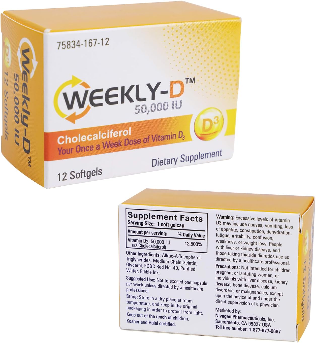Nivagen Weekly-D Vitamin D3 50,000 IU - Once-Weekly High Potency Softgels - 12 Capsules - görsel 1
