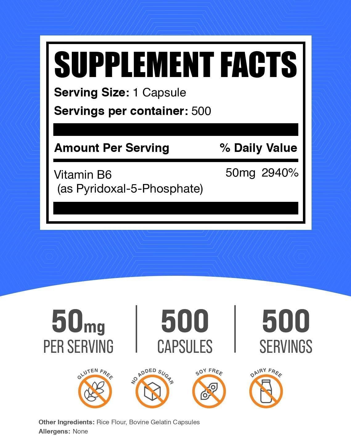 BulkSupplements.com Pyridoxal 5 Phosphate Capsules - P5P Supplement, Vitamin B6 - 50 mg, 500 Capsules - görsel 2