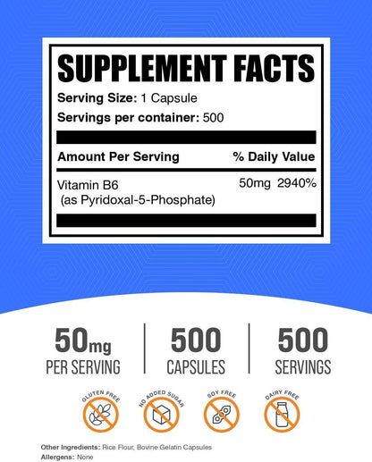 BulkSupplements.com Pyridoxal 5 Phosphate Capsules - P5P Supplement, Vitamin B6 - 50 mg, 500 Capsules