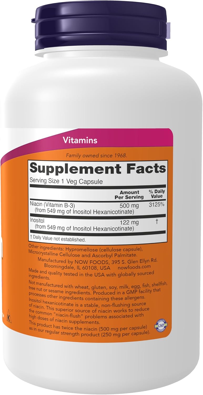 NOW Foods Niacin (Vitamin B-3) 500 mg, Flush-Free, Double Strength, 180 Veg Capsules - görsel 2