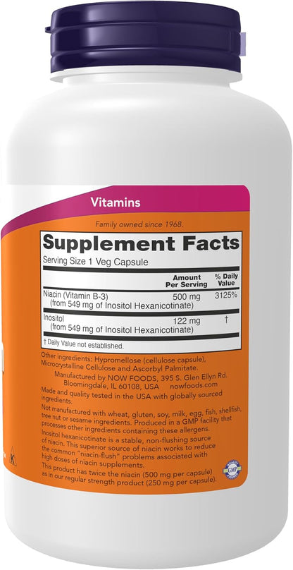 NOW Foods Niacin (Vitamin B-3) 500 mg, Flush-Free, Double Strength, 180 Veg Capsules