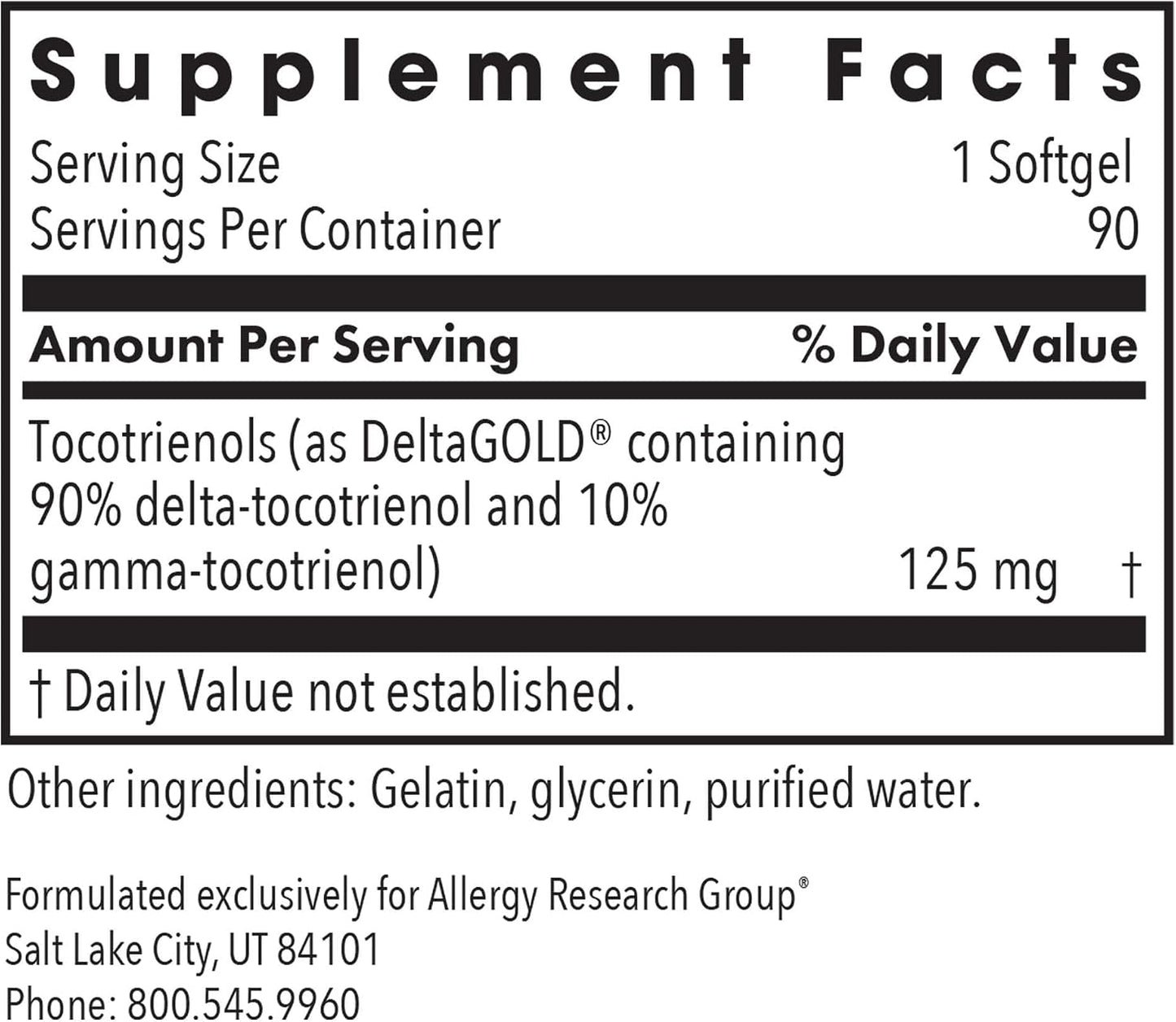 Allergy Research Group ARG Delta-Fraction Tocotrienols 50 mg - 100 mg Tocotrienols per Serving - Antioxidant Support - Hypoallergenic - 90 Softgels - görsel 2