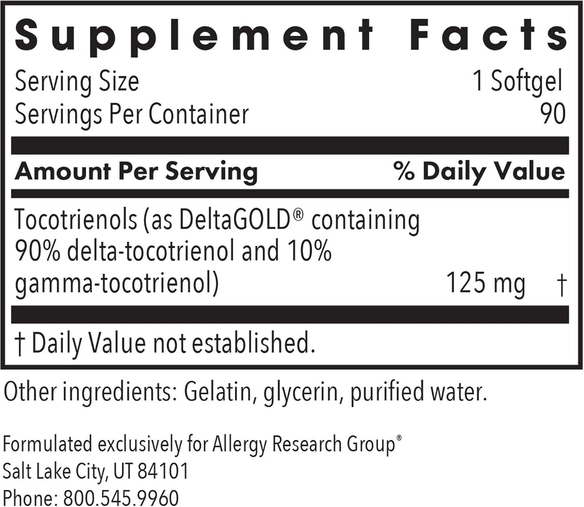 Allergy Research Group ARG Delta-Fraction Tocotrienols 50 mg - 100 mg Tocotrienols per Serving - Antioxidant Support - Hypoallergenic - 90 Softgels - görsel 2