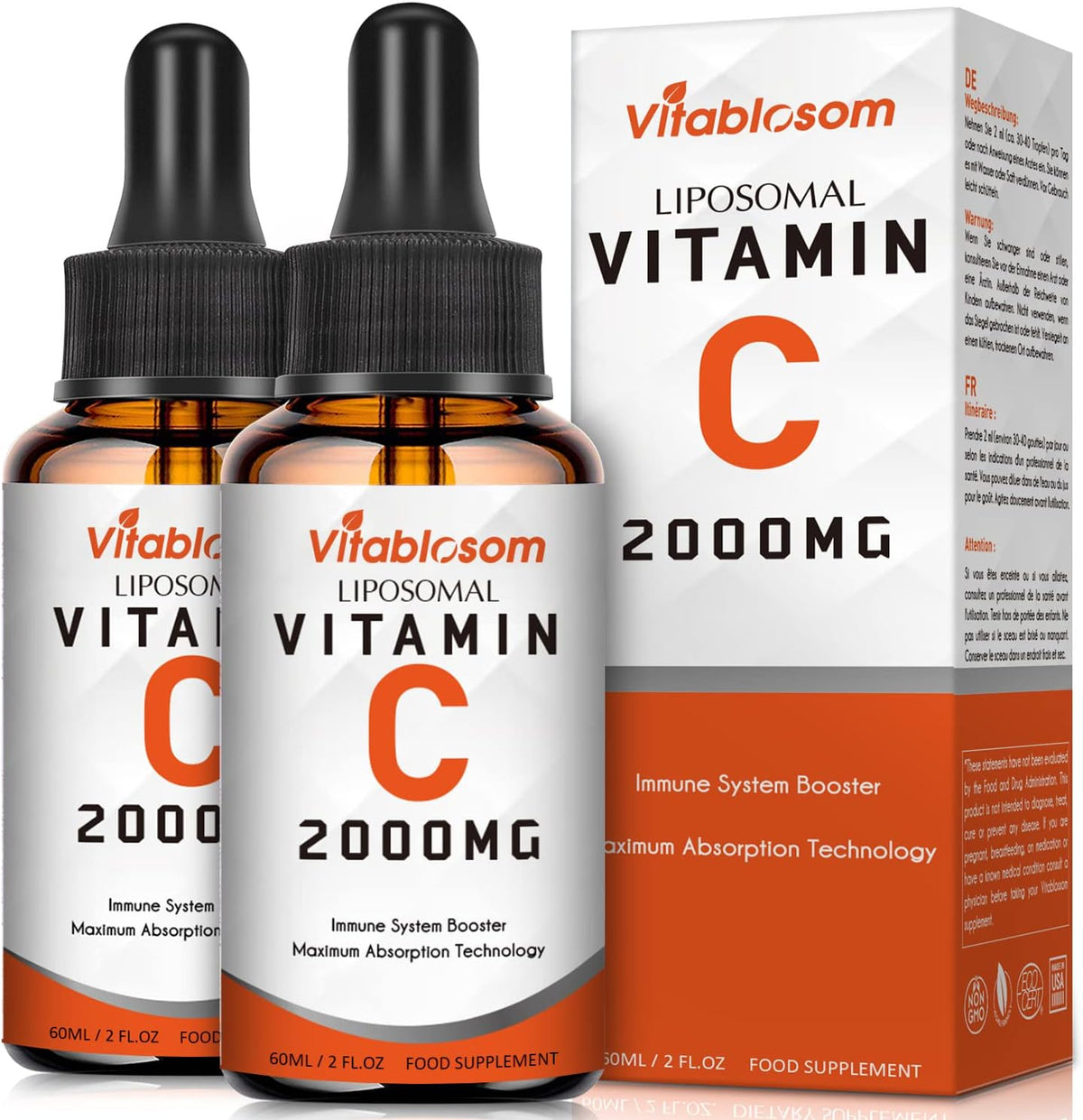 Vitablosom Liposomal Vitamin C 2000mg Liquid for Adults, High Absorption VIT C, Maximise Vitamin C, Immune System & Antioxidant Support, 60ml (2 Bottle) - görsel 1