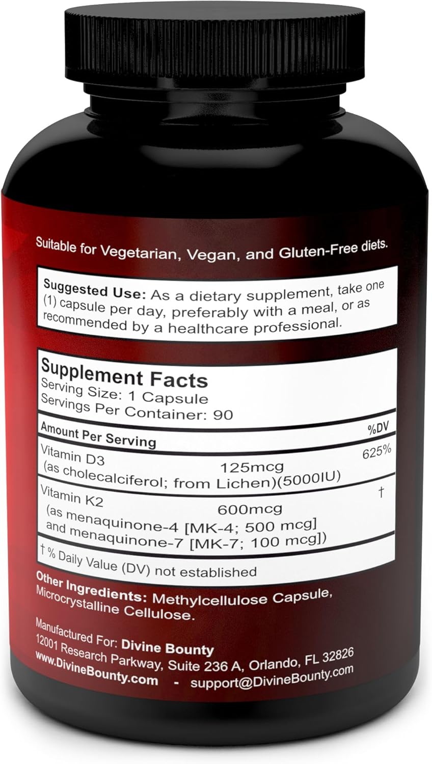 Divine Bounty Vitamin K2 (MK-7 & MK-4) with D3 - 5000 IU D3, 100mcg MK-7, 500mcg MK-4 - 90 Vegetarian Capsules - görsel 2