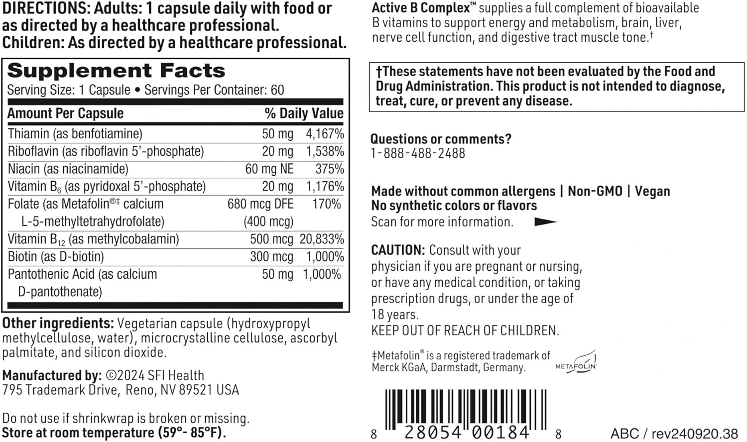 SFI Health Active B Complex - Methylated Vitamin B Complex with Methyl Folate, B12, B6 - 60 Capsules - görsel 5