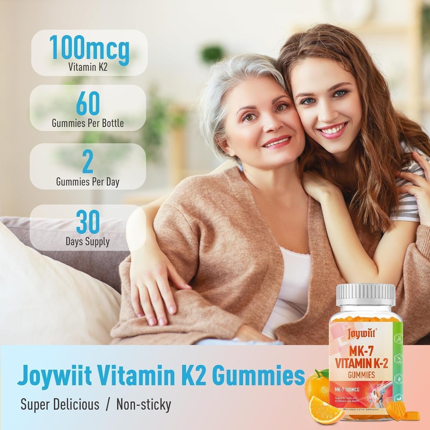 Joywiit Vitamin K2 MK-7 Gummies 100mcg, Extra Strength K2 for Bone & Cardiovascular Support, Chewable Natural Orange Flavour, Non GMO, Vegan, 60 Gummies - görsel 8
