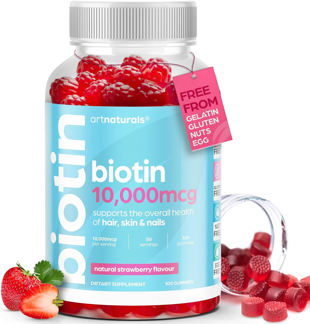 Artnaturals Biotin Gummies – 10,000mcg for Hair, Skin & Nails – Natural Strawberry – 100 Gummies - görsel 1