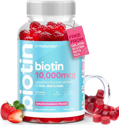 Artnaturals Biotin Gummies – 10,000mcg for Hair, Skin & Nails – Natural Strawberry – 100 Gummies