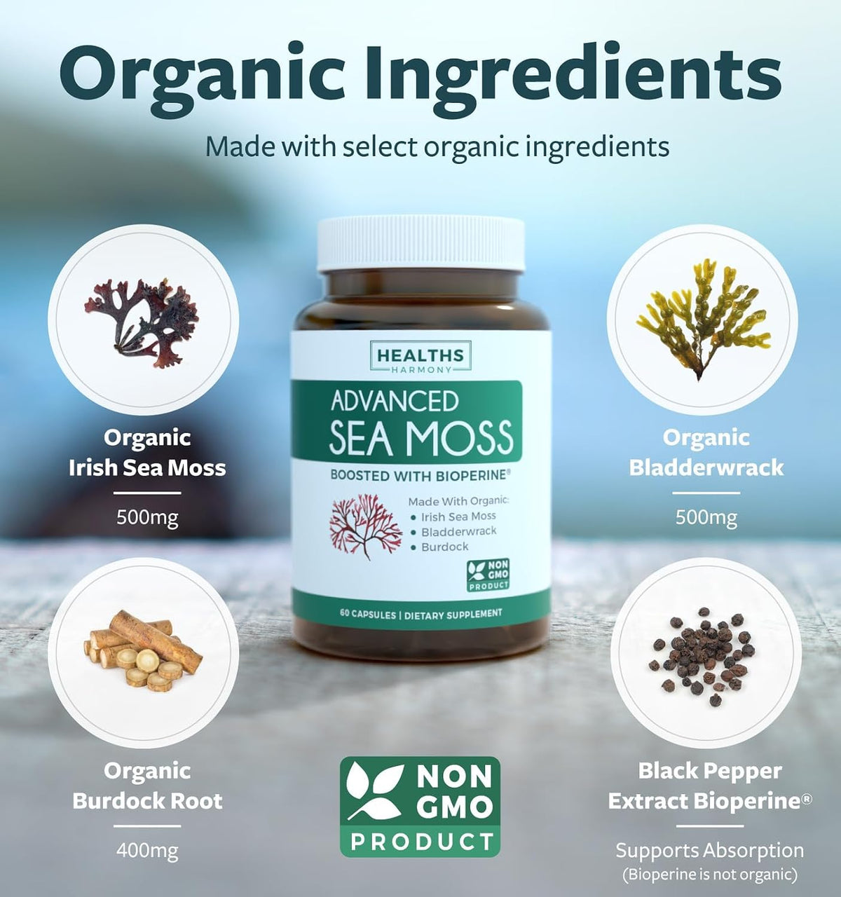Organic Irish Sea Moss Capsules with Bladderwrack, Burdock Root and Black Pepper Extract – Healths Harmony - görsel 2