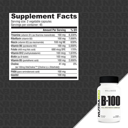 NutraBio B-100, B Vitamin Complex, Immune System Support, Healthy Hair, Skin and Nails, 90 Vegetable Capsules