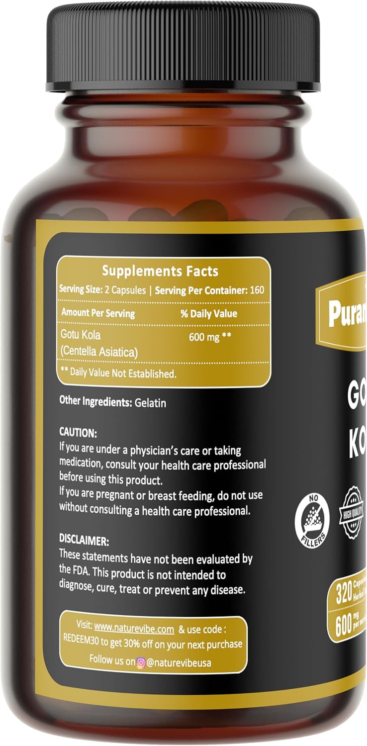 Gotu Kola Premium 320 Capsules – Non-GMO and Gluten-free | Herbal Supplement | 600 mg Per Serving | Made with 100% Pure Gotu Kola Powder - görsel 2
