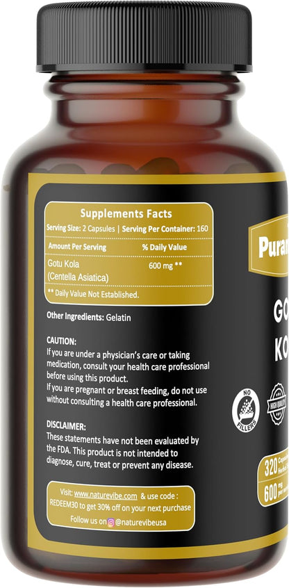 Gotu Kola Premium 320 Capsules – Non-GMO and Gluten-free | Herbal Supplement | 600 mg Per Serving | Made with 100% Pure Gotu Kola Powder