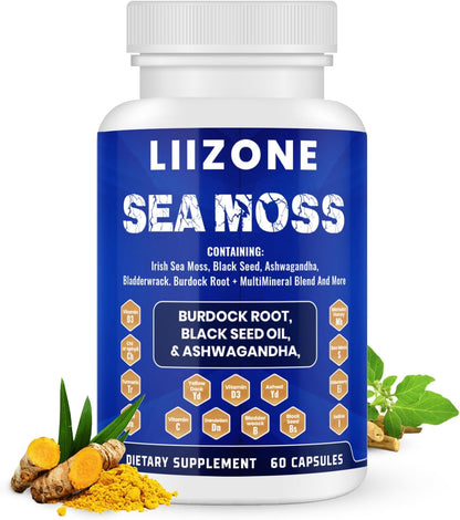 LIIZONE Complex Sea Moss Capsules with Ashwagandha, Turmeric & Vitamin C, 60 Capsules