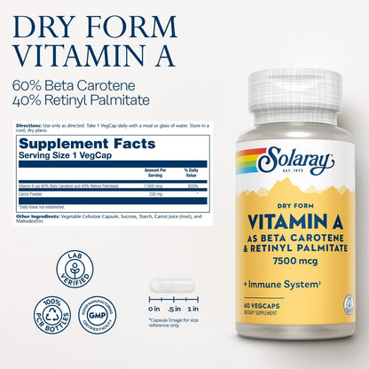 SOLARAY Dry Form Vitamin A - Beta Carotene & Retinyl Palmitate - 60 Veg Caps
