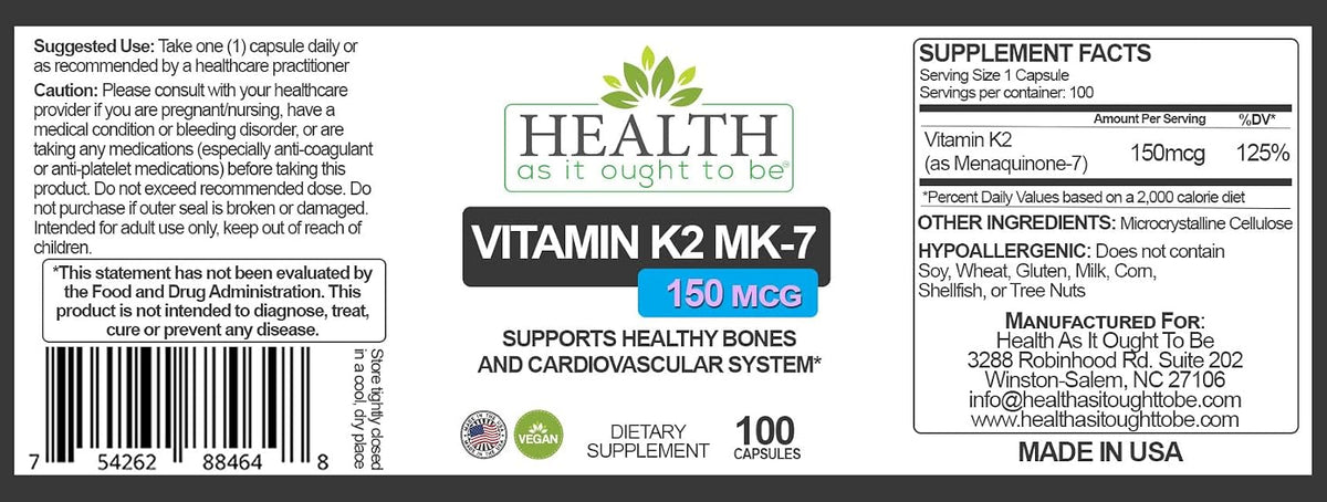 Health As It Ought To Be Vitamin K2 MK-7 150 mcg Supplement – Soya-Free, 100 Capsules - görsel 2
